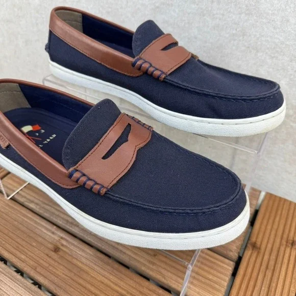 Cole Haan Mens 8.5 Nantucket Penny Loafer Blue Canvas Brown Leather - Picture 2 of 7